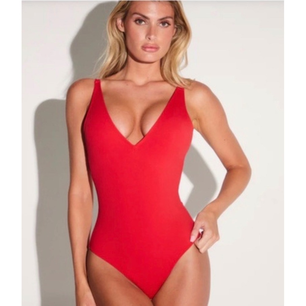 Red V-Neck Women Swim One Piece